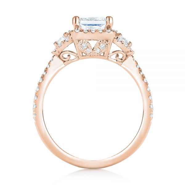 14k Rose Gold 14k Rose Gold Custom Three Stone Diamond Halo Engagement Ring - Front View -  103204
