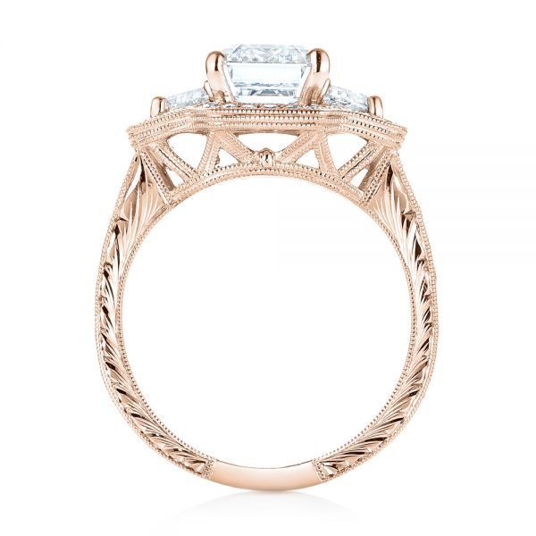 18k Rose Gold 18k Rose Gold Custom Three Stone Diamond Halo Engagement Ring - Front View -  103401