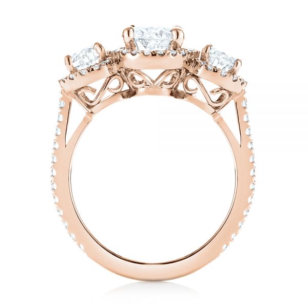 18k Rose Gold 18k Rose Gold Custom Three Stone Diamond Halo Engagement Ring - Front View -  103463