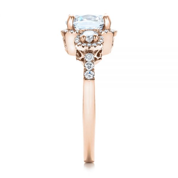 18k Rose Gold 18k Rose Gold Custom Three Stone Diamond Halo Engagement Ring - Side View -  101934