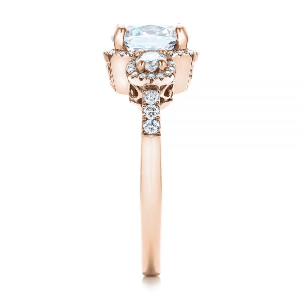 18k Rose Gold 18k Rose Gold Custom Three Stone Diamond Halo Engagement Ring - Side View -  101934