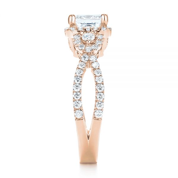 14k Rose Gold 14k Rose Gold Custom Three Stone Diamond Halo Engagement Ring - Side View - 103204