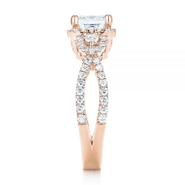 18k Rose Gold 18k Rose Gold Custom Three Stone Diamond Halo Engagement Ring - Side View -  103204