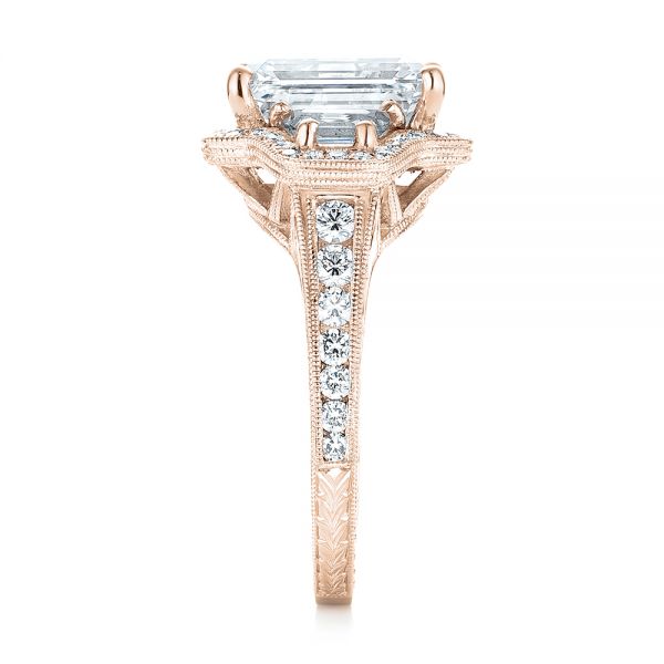 18k Rose Gold 18k Rose Gold Custom Three Stone Diamond Halo Engagement Ring - Side View - 103401