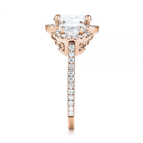 18k Rose Gold 18k Rose Gold Custom Three Stone Diamond Halo Engagement Ring - Side View -  103463