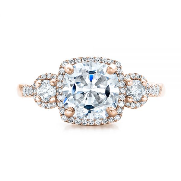 14k Rose Gold 14k Rose Gold Custom Three Stone Diamond Halo Engagement Ring - Top View -  101934