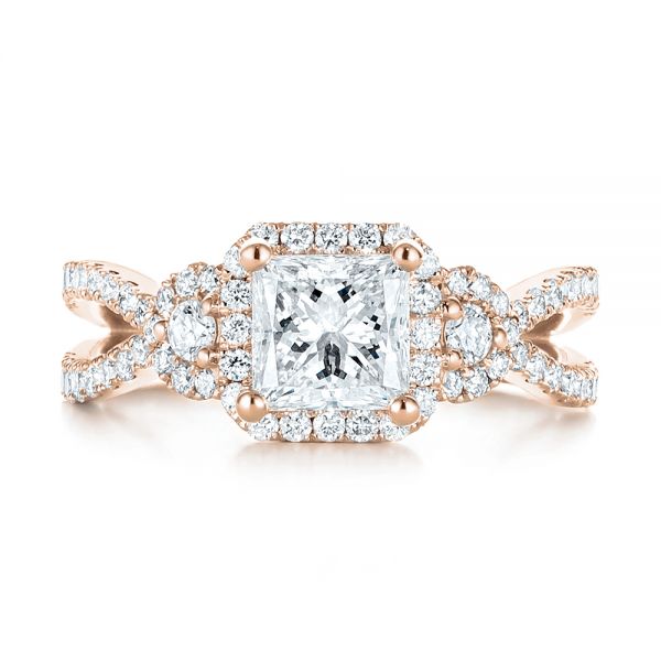 14k Rose Gold 14k Rose Gold Custom Three Stone Diamond Halo Engagement Ring - Top View -  103204