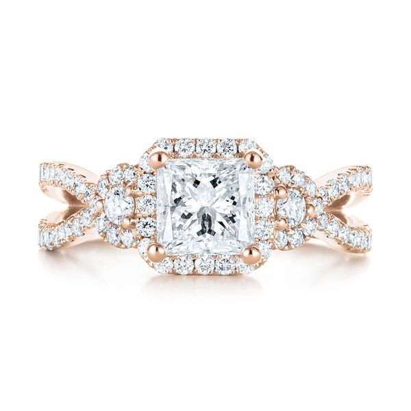 14k Rose Gold 14k Rose Gold Custom Three Stone Diamond Halo Engagement Ring - Top View - 103204