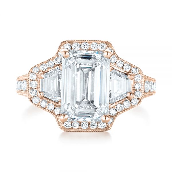 18k Rose Gold 18k Rose Gold Custom Three Stone Diamond Halo Engagement Ring - Top View -  103401
