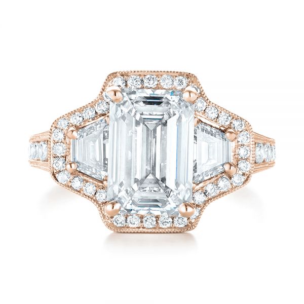 18k Rose Gold 18k Rose Gold Custom Three Stone Diamond Halo Engagement Ring - Top View - 103401