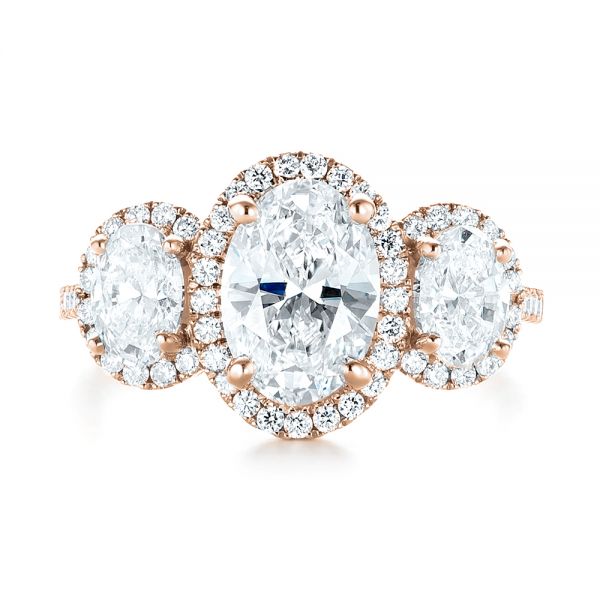 18k Rose Gold 18k Rose Gold Custom Three Stone Diamond Halo Engagement Ring - Top View - 103463