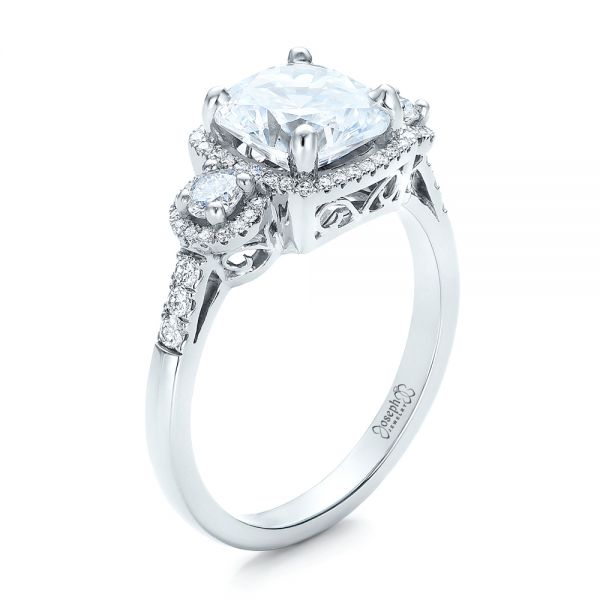 14k White Gold 14k White Gold Custom Three Stone Diamond Halo Engagement Ring - Three-Quarter View -  101934