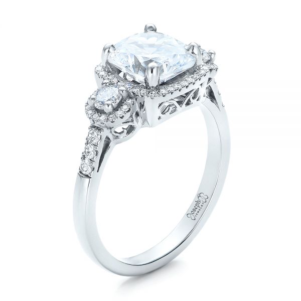 Custom Three Stone Diamond Halo Engagement Ring - Image