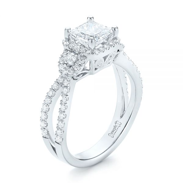 Custom Three Stone Diamond Halo Engagement Ring - Image