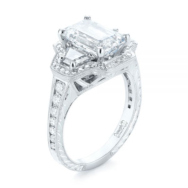  Platinum Custom Three Stone Diamond Halo Engagement Ring - Three-Quarter View -  103401