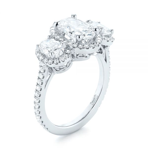 14k White Gold Custom Three Stone Diamond Halo Engagement Ring - Three-Quarter View -  103463