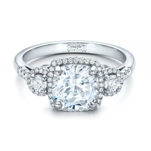 14k White Gold 14k White Gold Custom Three Stone Diamond Halo Engagement Ring - Flat View -  101934