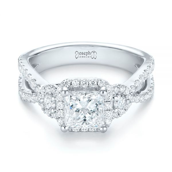14k White Gold Custom Three Stone Diamond Halo Engagement Ring - Flat View -  103204