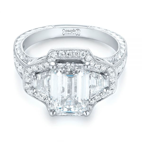  Platinum Custom Three Stone Diamond Halo Engagement Ring - Flat View -  103401