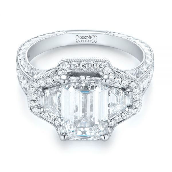 Platinum Custom Three Stone Diamond Halo Engagement Ring - Flat View - 103401