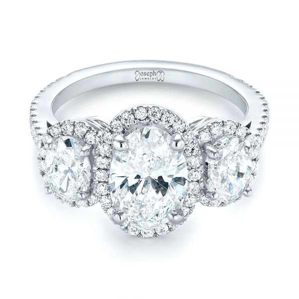 14k White Gold Custom Three Stone Diamond Halo Engagement Ring - Flat View -  103463