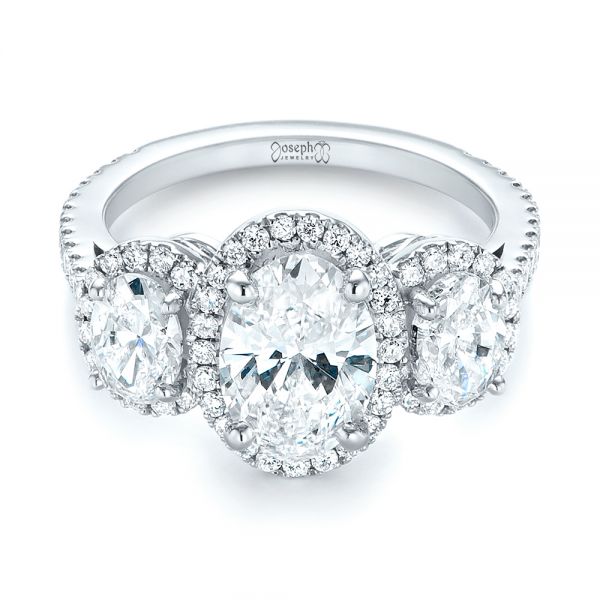 14k White Gold Custom Three Stone Diamond Halo Engagement Ring - Flat View - 103463