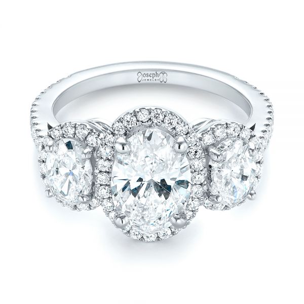  Platinum Platinum Custom Three Stone Diamond Halo Engagement Ring - Flat View -  103463