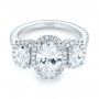 14k White Gold Custom Three Stone Diamond Halo Engagement Ring - Flat View -  103463 - Thumbnail