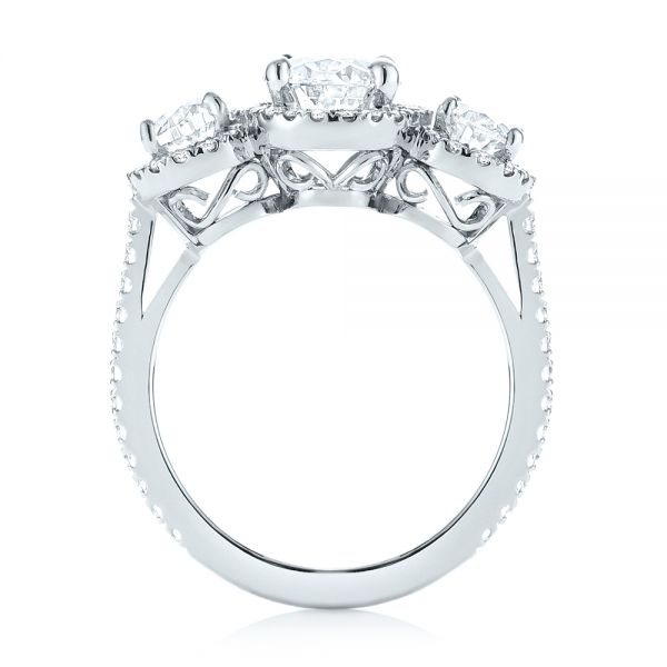 14k White Gold Custom Three Stone Diamond Halo Engagement Ring - Front View -  103463