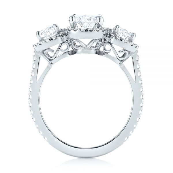 14k White Gold Custom Three Stone Diamond Halo Engagement Ring - Front View - 103463