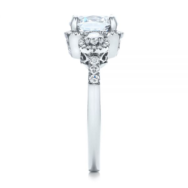 18k White Gold 18k White Gold Custom Three Stone Diamond Halo Engagement Ring - Side View -  101934