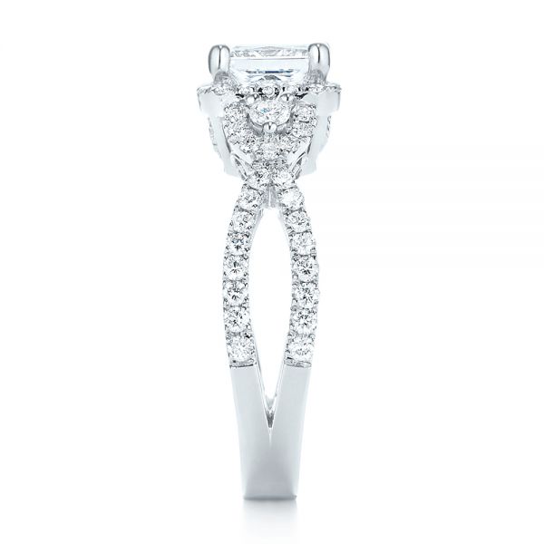 14k White Gold Custom Three Stone Diamond Halo Engagement Ring - Side View -  103204