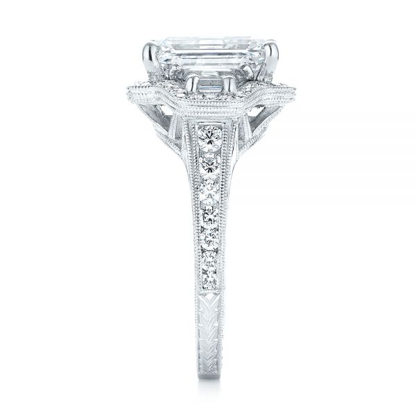  Platinum Custom Three Stone Diamond Halo Engagement Ring - Side View -  103401