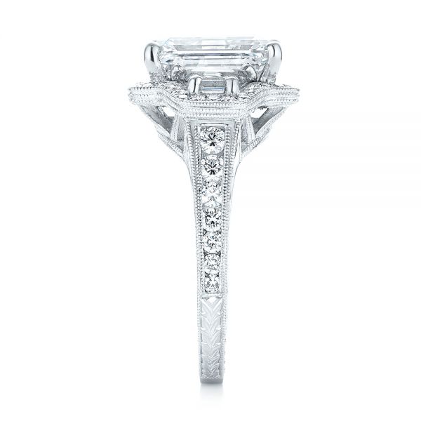 Platinum Custom Three Stone Diamond Halo Engagement Ring - Side View - 103401
