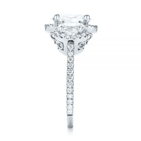 14k White Gold Custom Three Stone Diamond Halo Engagement Ring - Side View -  103463