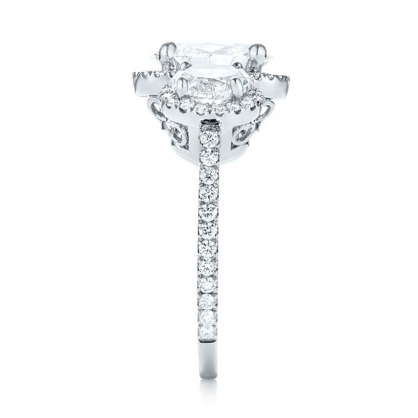 14k White Gold Custom Three Stone Diamond Halo Engagement Ring - Side View - 103463