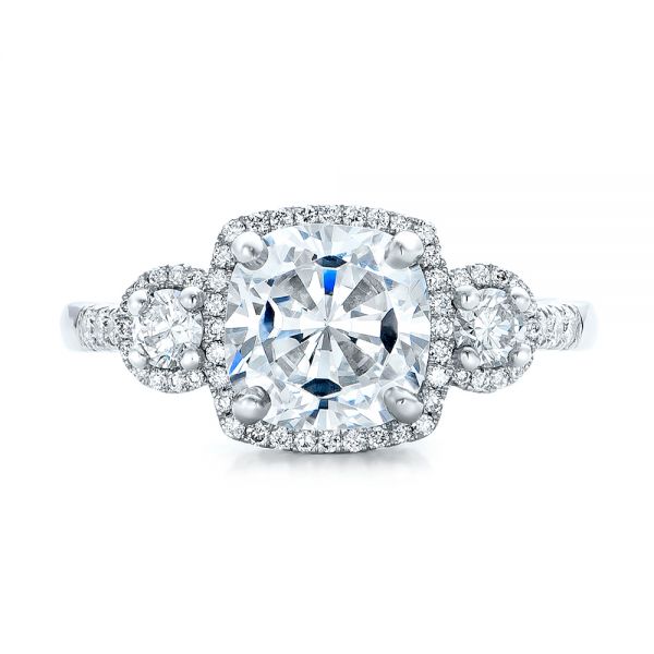 18k White Gold 18k White Gold Custom Three Stone Diamond Halo Engagement Ring - Top View -  101934