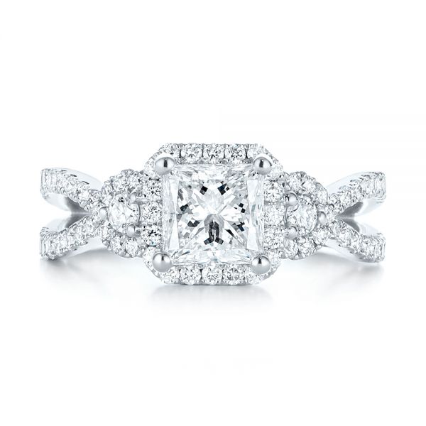 14k White Gold Custom Three Stone Diamond Halo Engagement Ring - Top View -  103204