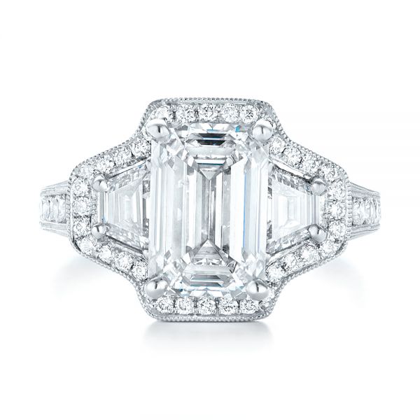 Platinum Custom Three Stone Diamond Halo Engagement Ring - Top View - 103401