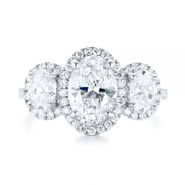 14k White Gold Custom Three Stone Diamond Halo Engagement Ring - Top View -  103463