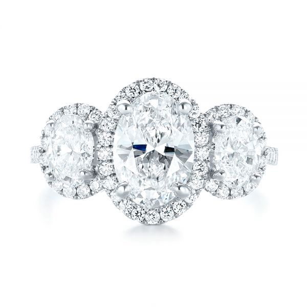 14k White Gold Custom Three Stone Diamond Halo Engagement Ring - Top View - 103463