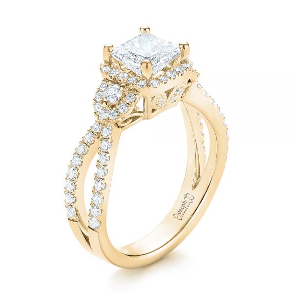 14k Yellow Gold 14k Yellow Gold Custom Three Stone Diamond Halo Engagement Ring - Three-Quarter View - 103204