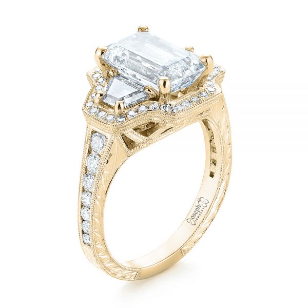 14k Yellow Gold 14k Yellow Gold Custom Three Stone Diamond Halo Engagement Ring - Three-Quarter View -  103401