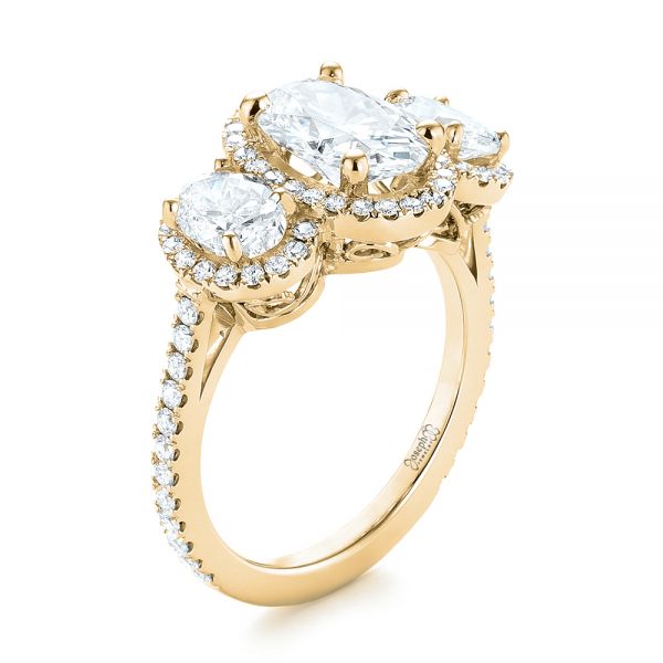 14k Yellow Gold 14k Yellow Gold Custom Three Stone Diamond Halo Engagement Ring - Three-Quarter View -  103463