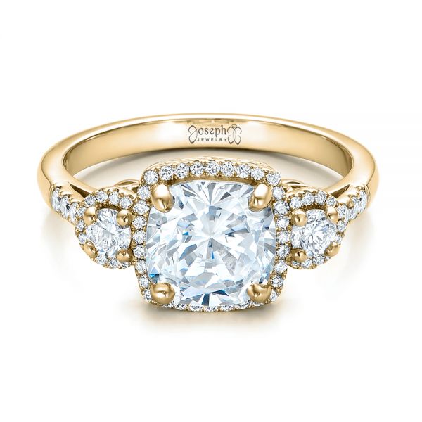 14k Yellow Gold 14k Yellow Gold Custom Three Stone Diamond Halo Engagement Ring - Flat View -  101934