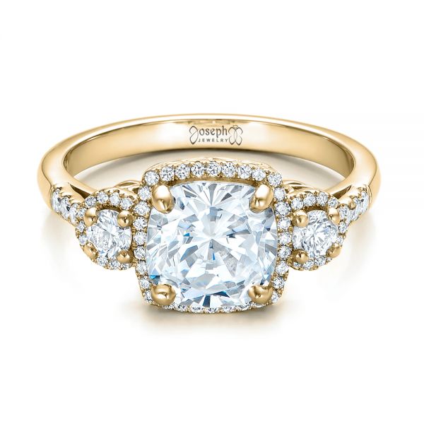 18k Yellow Gold 18k Yellow Gold Custom Three Stone Diamond Halo Engagement Ring - Flat View - 101934