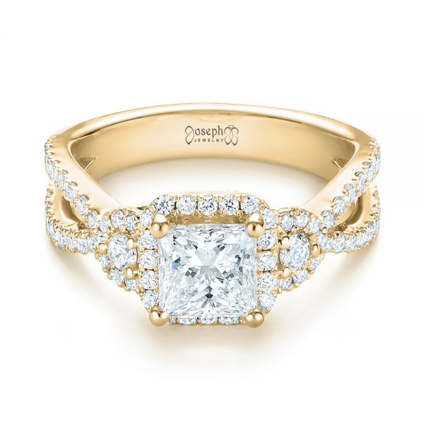 18k Yellow Gold 18k Yellow Gold Custom Three Stone Diamond Halo Engagement Ring - Flat View -  103204