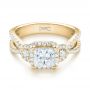 18k Yellow Gold 18k Yellow Gold Custom Three Stone Diamond Halo Engagement Ring - Flat View -  103204 - Thumbnail