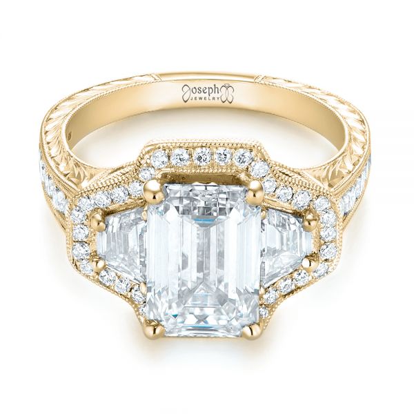 18k Yellow Gold 18k Yellow Gold Custom Three Stone Diamond Halo Engagement Ring - Flat View -  103401
