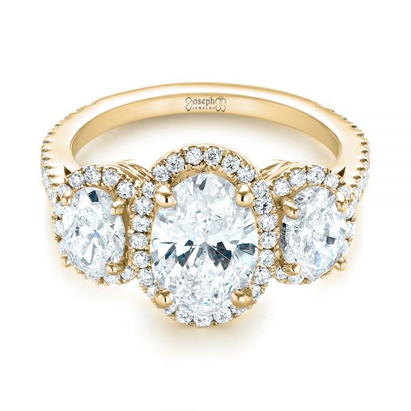 14k Yellow Gold 14k Yellow Gold Custom Three Stone Diamond Halo Engagement Ring - Flat View -  103463